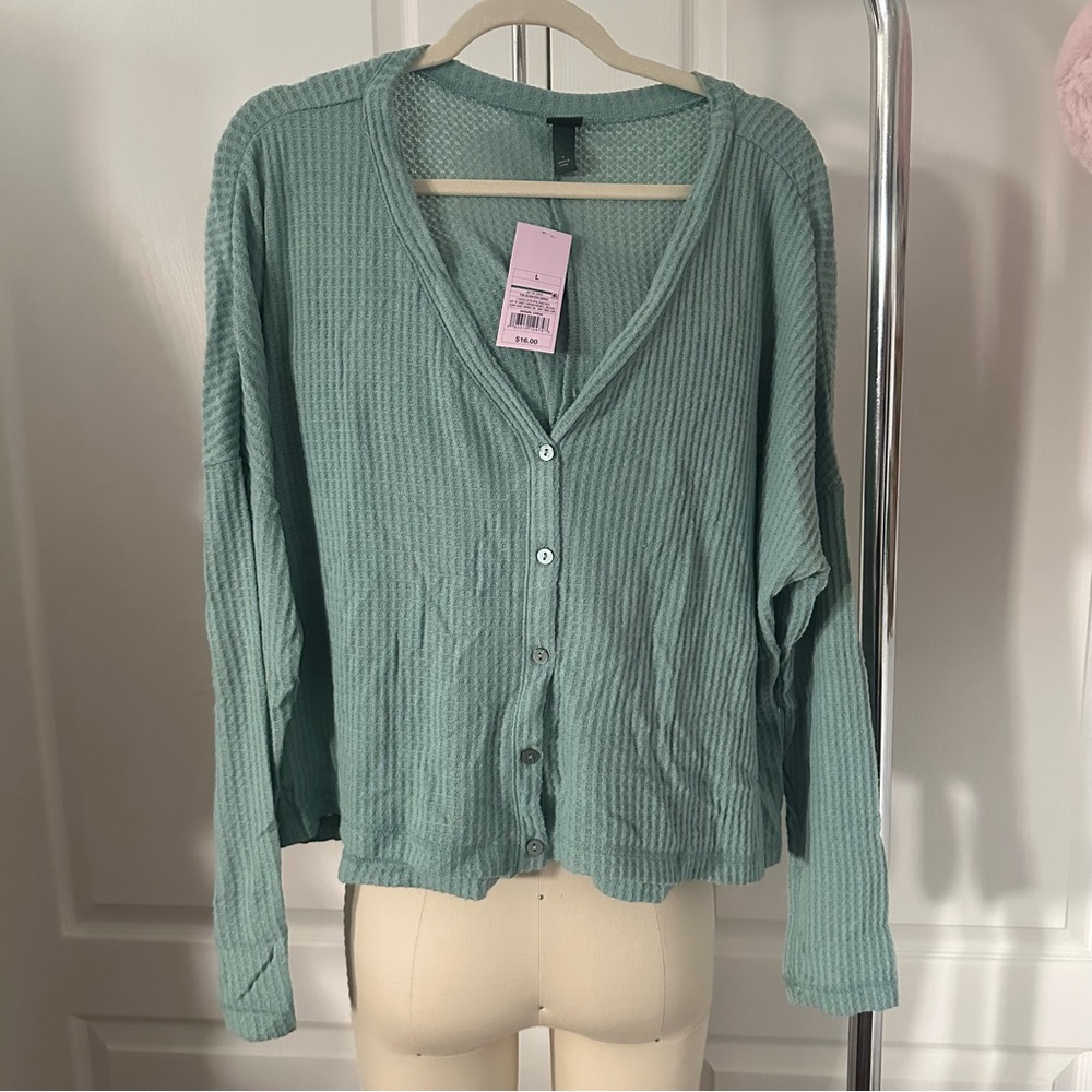 Women's Teal Blush Cropped Waffle Knit Button Front Top Size L | Wild Fable